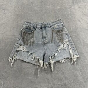 Cider Light Wash Distressed Jean Shorts with Fringe Chain Detail